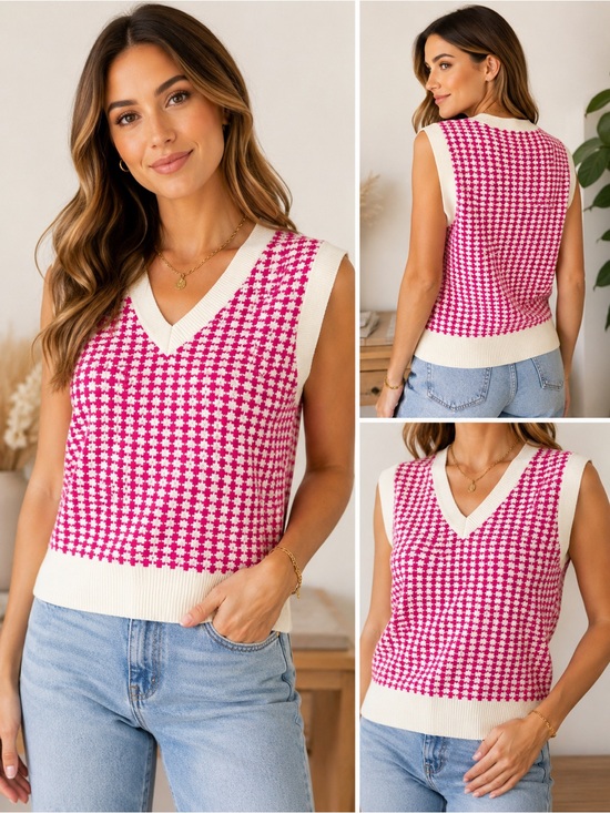 Dokotoo Tops - Pink and White Houndstooth V‑Neck Sweater Vest